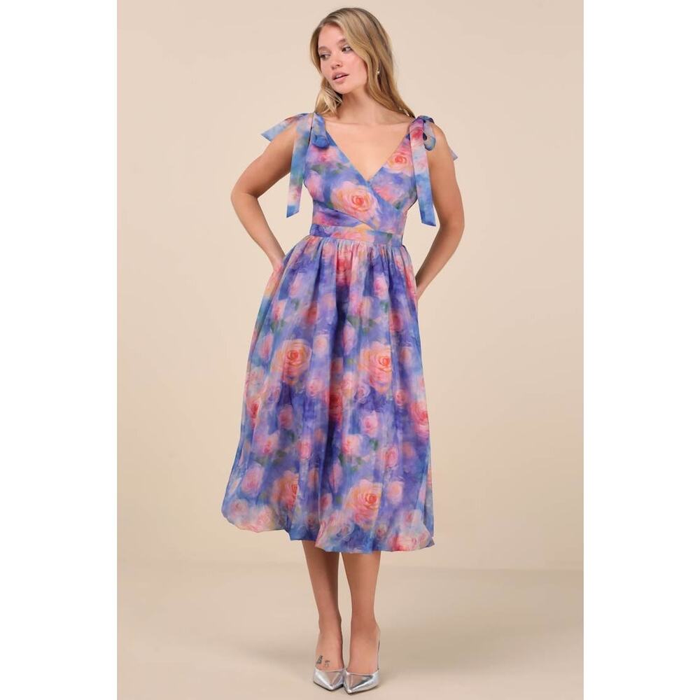 Lulu's Blue & Pink Floral Midi Dress with Tie Straps